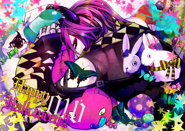 Anime picture 1200x849 with original bonnou no kai (artist) short hair yellow eyes purple hair looking back halloween happy halloween boy bow food sweets star (symbol) insect butterfly ring bunny mushroom (mushrooms)