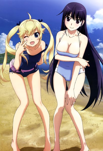 Anime picture 4080x5951 with grisaia no kajitsu nyantype matsushima michiru sakaki yumiko long hair tall image blush highres open mouth blue eyes light erotic black hair blonde hair smile red eyes twintails multiple girls absurdres sky cleavage