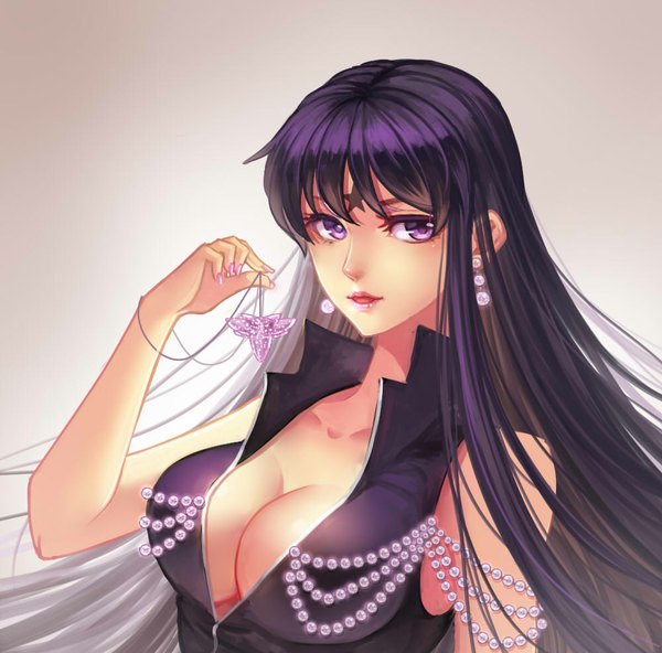 Anime picture 1000x988 with bishoujo senshi sailor moon toei animation mistress 9 tongyaohuan single long hair breasts open mouth light erotic purple eyes cleavage purple hair girl dress earrings pendant