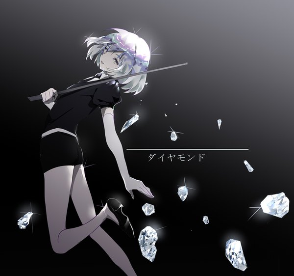 Anime picture 900x843 with houseki no kuni diamond (houseki no kuni) bxr single looking at viewer short hair simple background silver hair sparkle puffy sleeves character names black background silver eyes androgynous gloves weapon elbow gloves white gloves diamond (shape)