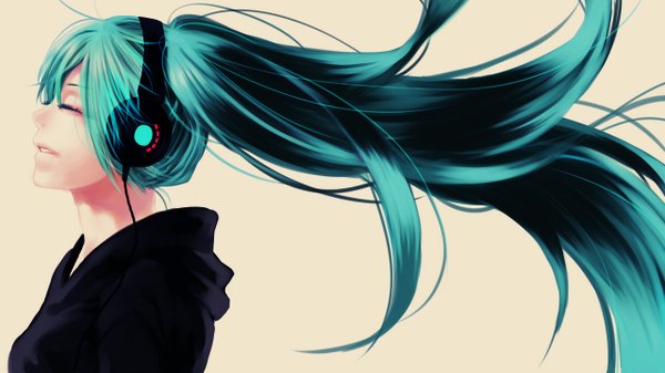 Anime picture 1280x720 with vocaloid hatsune miku monqkq single long hair fringe simple background wide image twintails eyes closed profile light smile aqua hair alternate costume girl headphones