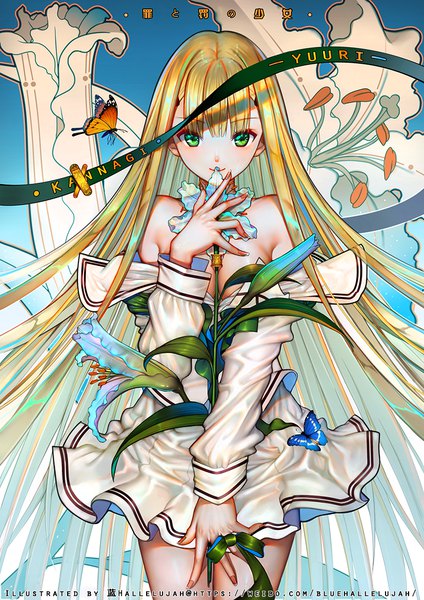 Anime picture 827x1169 with bishoujo mangekyou (game) omega star kannagi yuuri blue hallelujah single tall image looking at viewer fringe breasts light erotic blonde hair smile green eyes very long hair nail polish off shoulder character names girl uniform flower (flowers)