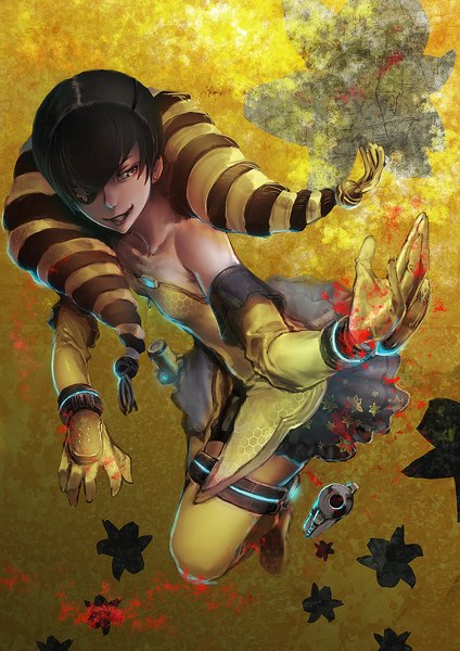 Anime picture 1500x2122 with anarchy reigns ai rin ini (artist) single tall image short hair black hair smile braid (braids) yellow background girl skirt gloves flower (flowers) weapon elbow gloves blood eyepatch