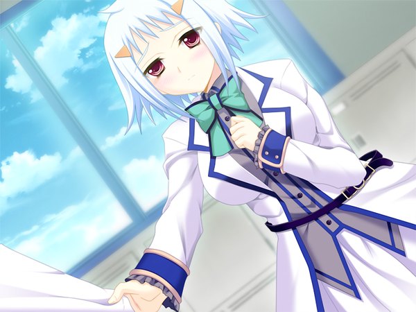 Anime picture 1024x768 with happy factory short hair red eyes game cg white hair girl serafuku