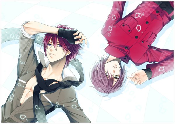 Anime picture 1165x829 with humandroid type s suou shuuya kirishima sou looking at viewer short hair purple eyes yellow eyes looking away pink hair lying open clothes multiple boys open shirt hand on head checkered floor partially open clothes floor twisty sleeves boy