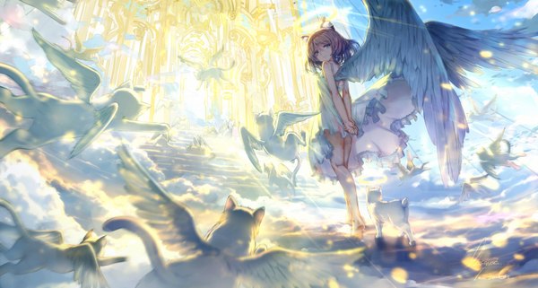 Anime picture 1680x900 with original observerz single looking at viewer fringe highres short hair blue eyes smile hair between eyes brown hair wide image sitting bare shoulders signed animal ears cloud (clouds) full body looking back barefoot