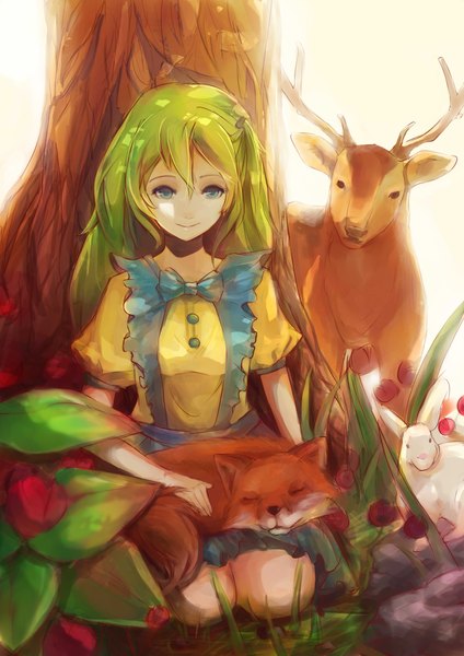 Anime picture 1600x2263 with original kai-ji single long hair tall image looking at viewer fringe breasts blue eyes smile sitting green hair short sleeves girl flower (flowers) plant (plants) animal tree (trees) bunny fox