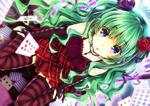 Anime picture 1023x723 with vocaloid hatsune miku ruki (rokiru) single long hair looking at viewer sitting hair flower green hair from above dutch angle zettai ryouiki wariza multicolored eyes girl thighhighs dress gloves hair ornament flower (flowers)