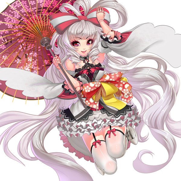 Anime picture 1200x1200 with original lucknight single looking at viewer simple background red eyes white background bare shoulders white hair very long hair girl thighhighs dress bow hair bow detached sleeves white thighhighs frills doll (dolls)