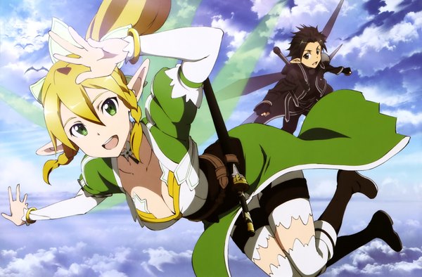 Anime picture 4053x2666 with sword art online a-1 pictures kirigaya kazuto leafa toya kento long hair looking at viewer highres short hair open mouth black hair blonde hair green eyes absurdres sky cloud (clouds) ponytail pointy ears scan official art