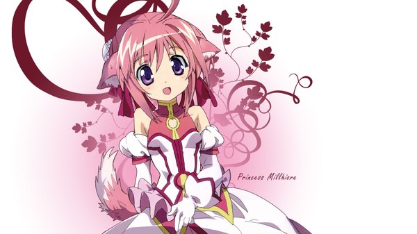 Anime picture 1920x1080 with dog days millhiore f biscotti single highres short hair open mouth wide image purple eyes bare shoulders pink hair ahoge dog ears dog tail dog girl girl dress gloves detached sleeves