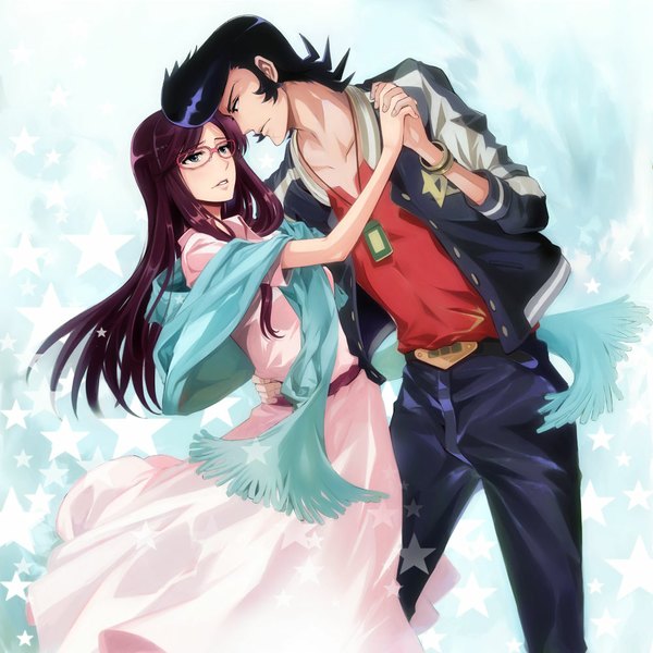 Anime picture 1000x1000 with space dandy studio bones dandy (space dandy) scarlet (space dandy) miyo (13th floor) long hair short hair black hair green eyes purple hair profile holding hands dancing pompadour girl dress boy glasses bracelet scarf