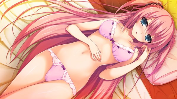 Anime picture 2560x1440 with reminiscence re hasegawa ren tomose shunsaku single long hair looking at viewer blush highres blue eyes light erotic wide image pink hair game cg lying two side up underwear only girl navel underwear panties