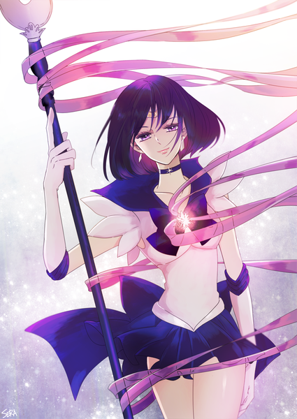 Anime picture 800x1130 with bishoujo senshi sailor moon toei animation tomoe hotaru sailor saturn single tall image looking at viewer short hair simple background standing purple eyes holding purple hair head tilt pleated skirt light smile wind glow girl skirt