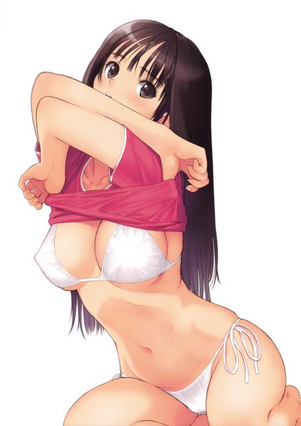 Anime picture 1133x1600 with original tony taka single long hair tall image looking at viewer blush breasts open mouth light erotic black hair simple background large breasts white background sitting black eyes girl swimsuit bikini t-shirt