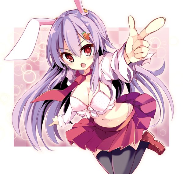 Anime picture 1252x1190 with touhou reisen udongein inaba matsuri uta single long hair looking at viewer blush open mouth light erotic red eyes animal ears purple hair open clothes bunny ears open shirt outstretched arm spread arms girl thighhighs hair ornament