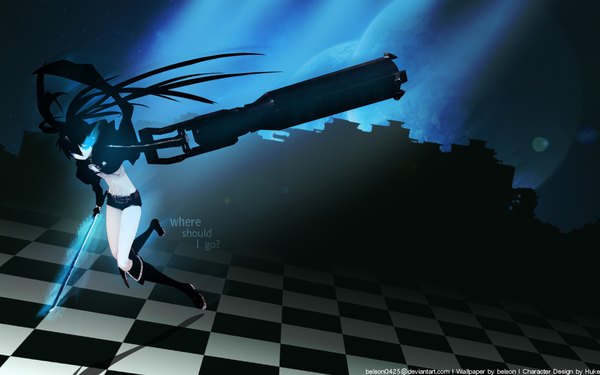 Anime picture 1920x1200 with black rock shooter black rock shooter (character) huke single long hair highres blue eyes wide image twintails very long hair inscription wallpaper glowing light glowing eye (eyes) checkered floor running girl navel weapon