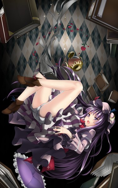 Anime picture 1000x1587 with touhou patchouli knowledge hebata single long hair tall image open mouth purple eyes purple hair legs crescent falling rhombus girl dress flower (flowers) petals shoes book (books) bonnet