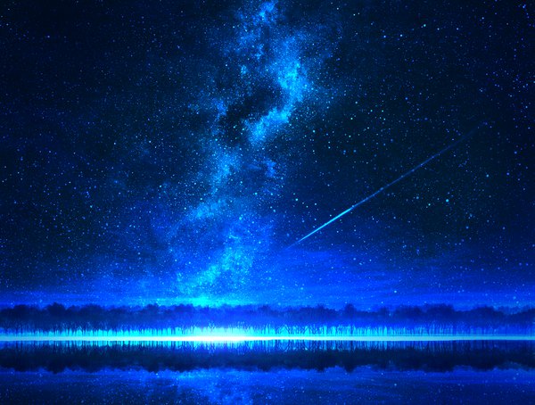 Anime picture 1600x1212 with original mks sky outdoors reflection horizon no people landscape scenic shooting star plant (plants) tree (trees) star (stars)