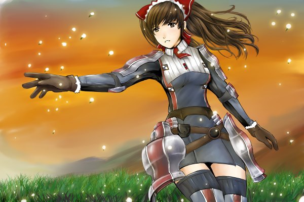Anime picture 1200x800 with valkyria chronicles alicia melchiott dan (killaflip) single long hair breasts brown hair twintails brown eyes wind fur trim field girl thighhighs dress gloves uniform plant (plants) necktie belt