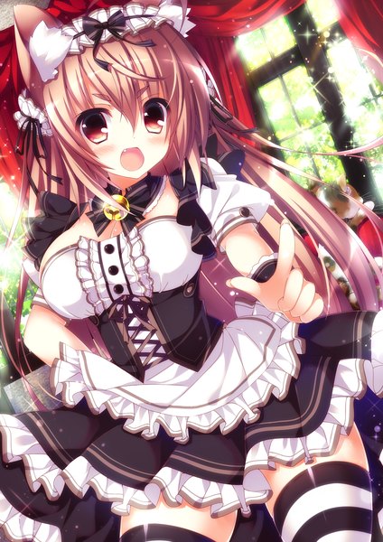 Anime picture 1061x1500 with original moe2015 ojitcha single long hair tall image blush open mouth red eyes brown hair animal ears cat ears cat girl bell collar girl thighhighs dress animal frills headdress