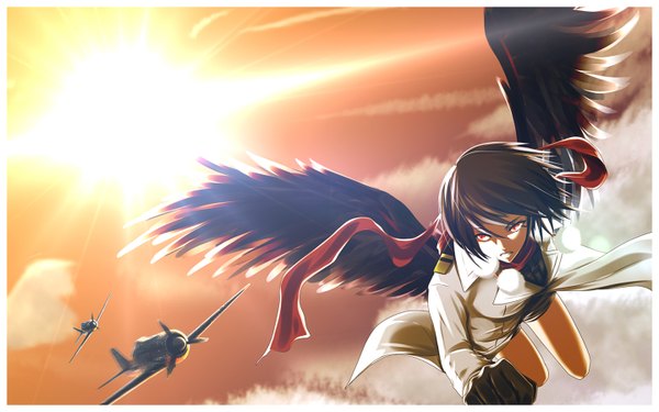 Anime picture 1440x900 with touhou shameimaru aya growingnoob short hair black hair red eyes wide image sky cloud (clouds) girl uniform wings military uniform aircraft airplane