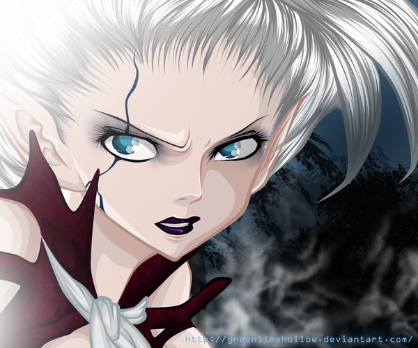 Anime picture 1024x853 with fairy tail mirajane strauss greenlimehollow single long hair blue eyes sky silver hair coloring portrait mountain face demon girl