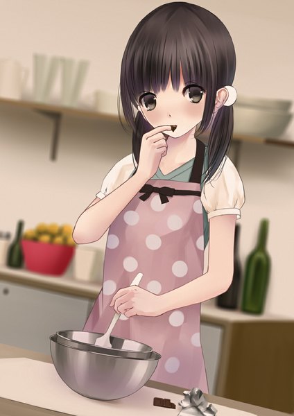 Anime picture 827x1169 with original chikuwa (odennabe) single long hair tall image blush black hair twintails black eyes depth of field finger to mouth cooking girl food sweets apron bottle chocolate kitchen