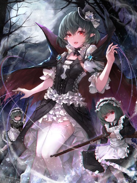 Anime picture 3000x4000 with original crystalherb single tall image looking at viewer blush fringe highres short hair open mouth light erotic hair between eyes red eyes standing outdoors green hair pointy ears night maid frilled dress