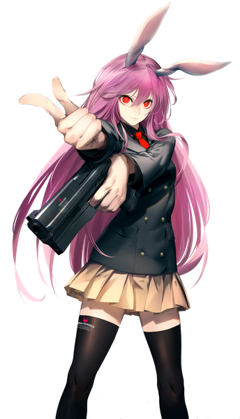 Anime picture 683x1190 with touhou reisen udongein inaba kodama (wa-ka-me) single long hair tall image looking at viewer fringe red eyes standing holding animal ears pink hair pleated skirt bunny ears zettai ryouiki outstretched arm transparent background pointing girl