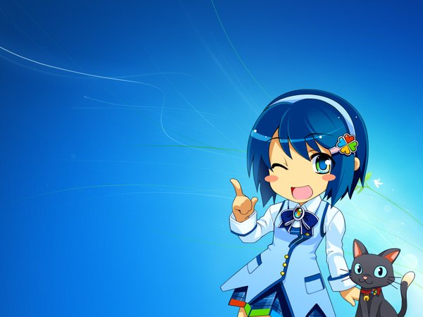 Anime picture 1600x1200 with os-tan windows (operating system) windows 7 madobe nanami single looking at viewer short hair open mouth blue eyes blue hair long sleeves blue background chibi ;d blush stickers girl hairband hairclip cat