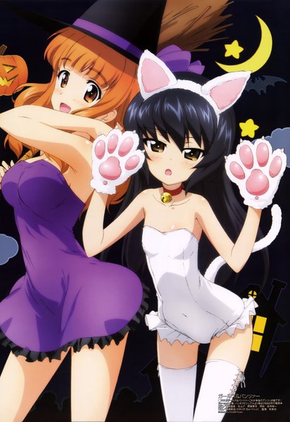 Anime picture 4078x5931 with girls und panzer megami magazine takebe saori reizei mako long hair tall image blush highres open mouth black hair brown hair multiple girls brown eyes animal ears absurdres official art halloween girl thighhighs dress