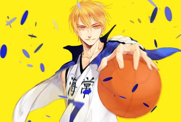 Anime picture 1748x1181 with kuroko no basket production i.g kise ryouta mo single looking at viewer highres short hair blonde hair smile yellow eyes yellow background basketball boy uniform gym uniform ball basketball ball basketball uniform