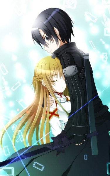 Anime picture 625x1000 with sword art online a-1 pictures yuuki asuna kirigaya kazuto soraneko93 long hair tall image short hair black hair brown hair eyes closed profile black eyes couple hug girl boy gloves weapon sword