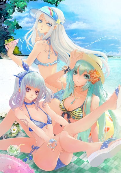 Anime picture 1074x1536 with original teddy yang long hair tall image blue eyes multiple girls green eyes white hair green hair grey eyes tattoo beach group girl bow swimsuit hair bow hat bikini 3 girls