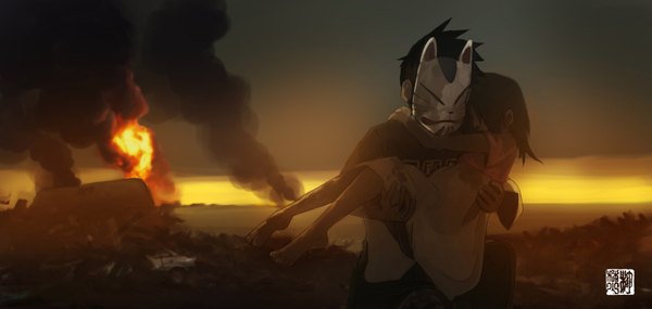 Anime picture 2100x1000 with original takeru-san highres black hair wide image barefoot smoke horizon carrying princess carry girl boy mask fire ground vehicle car fox mask