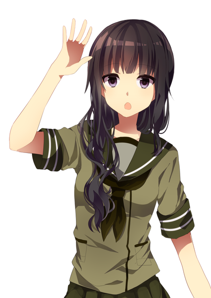 Anime picture 752x1062 with kantai collection kitakami light cruiser usuke (38257259) single long hair tall image looking at viewer fringe open mouth black hair simple background standing white background purple eyes arms up girl uniform serafuku