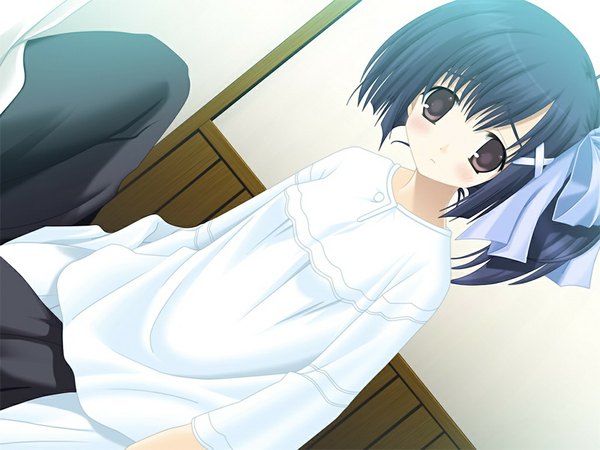 Anime picture 1024x768 with eternal sky yuuki arisu brown eyes game cg purple hair girl pajamas