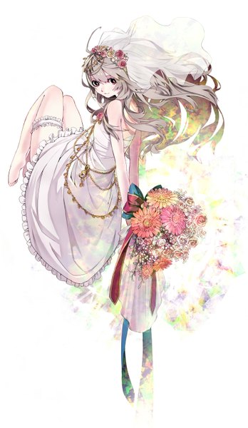 Anime picture 1800x3100 with original sigmasmail2 single long hair tall image looking at viewer highres red eyes ahoge barefoot hair flower grey hair hands behind back girl dress hair ornament flower (flowers) belt white dress rose (roses)