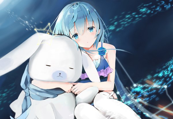 Anime picture 1500x1031 with vocaloid hatsune miku yuki miku rabbit yukine yu (4533761) single long hair looking at viewer blush fringe blue eyes simple background hair between eyes sitting bare shoulders blue hair bent knee (knees) head tilt hug dark background