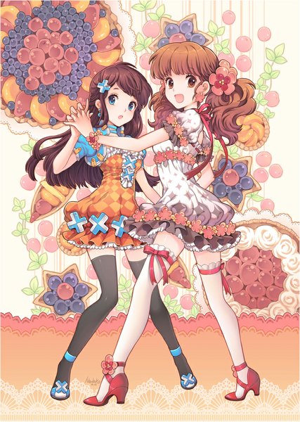 Anime picture 711x1000 with original nardack long hair tall image looking at viewer open mouth blue eyes brown hair twintails multiple girls brown eyes hair flower girl thighhighs dress hair ornament flower (flowers) black thighhighs 2 girls white thighhighs