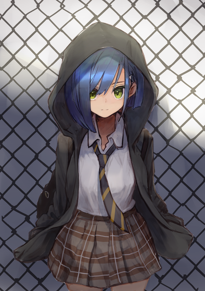 Anime picture 1447x2047 with darling in the franxx studio trigger ichigo (darling in the franxx) sahini single tall image looking at viewer fringe short hair hair between eyes standing green eyes blue hair long sleeves pleated skirt open jacket plaid skirt striped expressionless hands in pockets