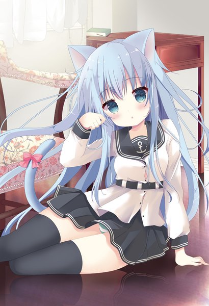 Anime picture 616x900 with kantai collection hibiki destroyer verniy destroyer tsukiji single long hair tall image looking at viewer blush fringe open mouth blue eyes light erotic sitting animal ears blue hair indoors tail long sleeves head tilt