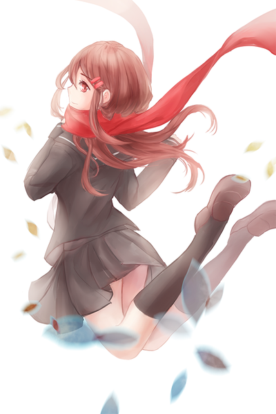 Anime picture 667x1000 with kagerou project shaft (studio) tateyama ayano luoye single long hair tall image fringe smile red eyes brown hair looking away cleavage bent knee (knees) looking back back weightlessness girl uniform socks