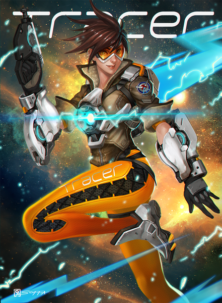 Anime picture 1200x1632 with overwatch blizzard entertainment tracer (overwatch) manusia-no-31 single tall image looking at viewer short hair smile brown hair yellow eyes lips glow girl weapon armor gun goggles pistol
