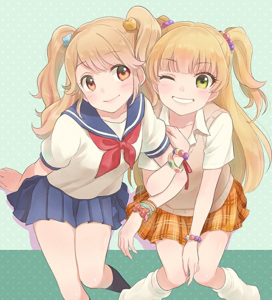 Anime picture 771x850 with idolmaster idolmaster cinderella girls aikatsu! jougasaki rika natsuki mikuru gobou 1000 long hair tall image looking at viewer blush fringe simple background blonde hair smile multiple girls brown eyes green eyes looking away pleated skirt one eye closed