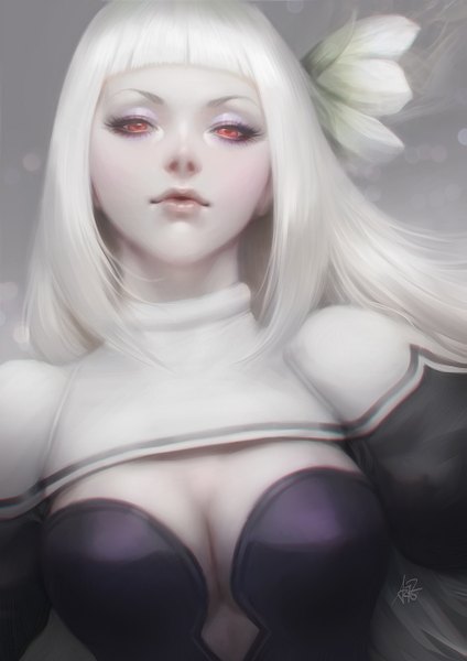 Anime picture 919x1300 with bravely default: flying fairy bravely second square enix magnolia arch artgerm (stanley lau) single long hair tall image looking at viewer blush fringe breasts light erotic simple background red eyes large breasts signed cleavage upper body white hair