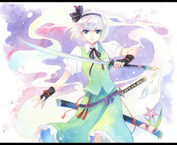 Anime picture 800x657 with touhou konpaku youmu myon agahari single looking at viewer fringe short hair green eyes silver hair traditional media watercolor (medium) girl skirt gloves flower (flowers) ribbon (ribbons) weapon hair ribbon sword