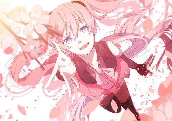 Anime picture 1708x1200 with vocaloid hatsune miku sakura miku eiku single looking at viewer fringe highres open mouth blue eyes hair between eyes standing twintails bare shoulders pink hair very long hair from above zettai ryouiki cherry blossoms standing on one leg