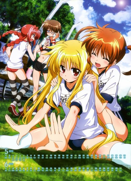 Anime picture 3532x4882 with mahou shoujo lyrical nanoha fate testarossa takamachi nanoha vita long hair tall image highres short hair open mouth blue eyes blonde hair red eyes brown hair twintails multiple girls absurdres red hair eyes closed one eye closed wink